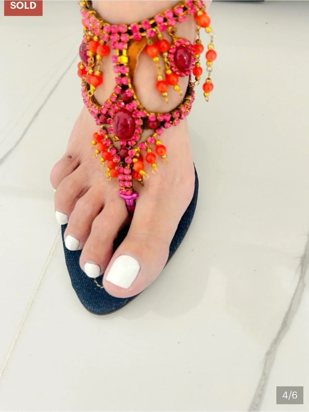 Bronx Embellished Denim Thong Sandals in Pink and Coral
